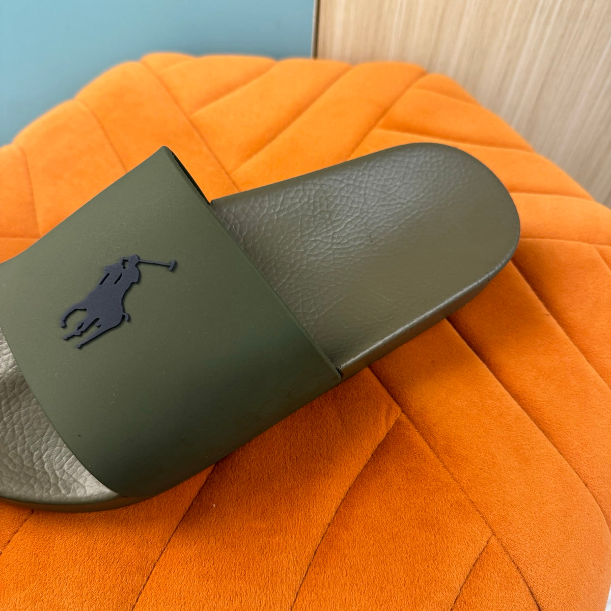 Olive Green Slide Sandals with Embossed Logo - On-foot view