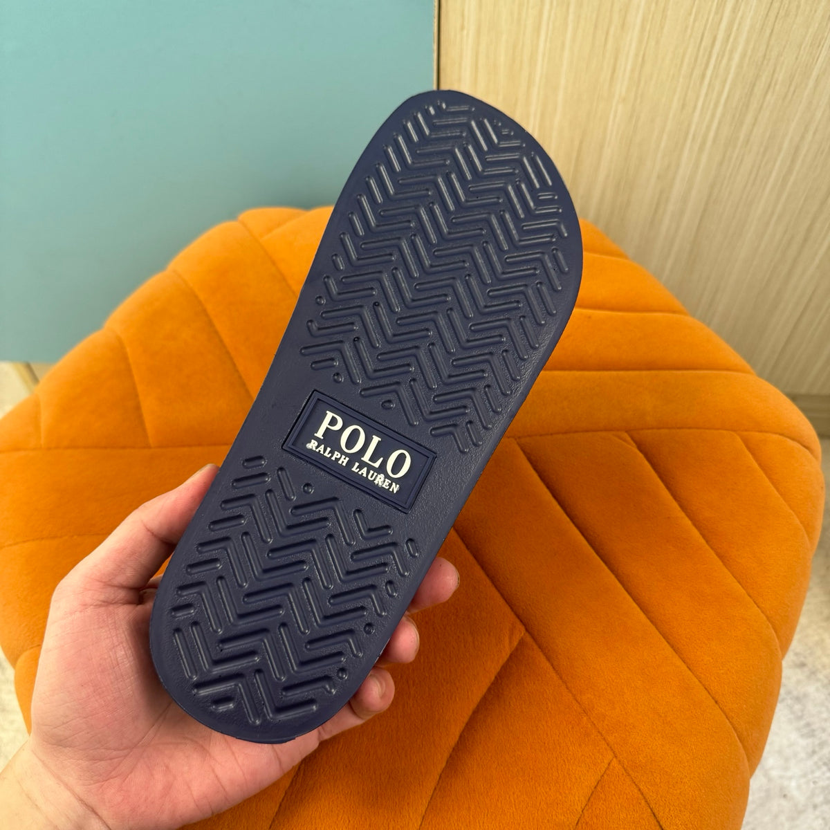 Navy Blue Slide Sandals with Embossed Logo - On-foot view