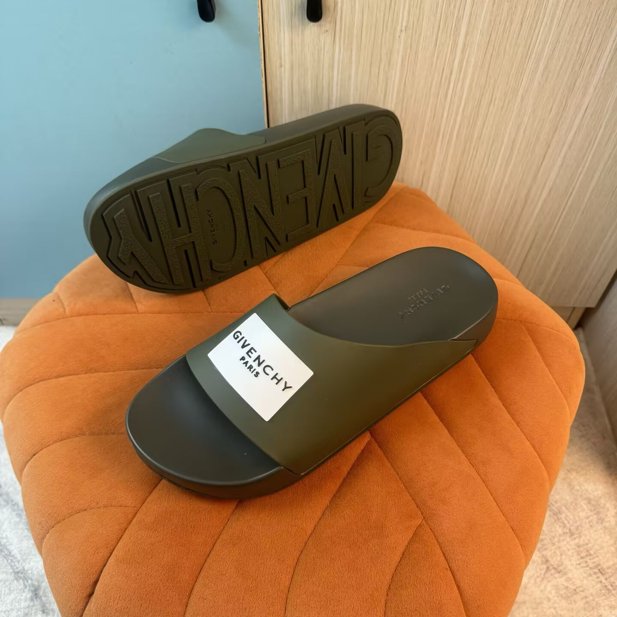 Olive Green Slide Sandals with Embossed Sole - Left side view