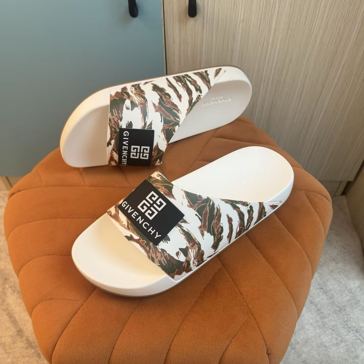 White and Khaki Camouflage Slide Sandals - Back view