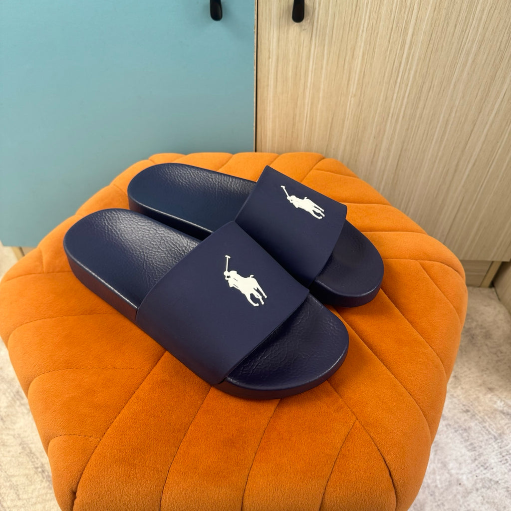 Navy Blue Slide Sandals with Embossed Logo - Left side view