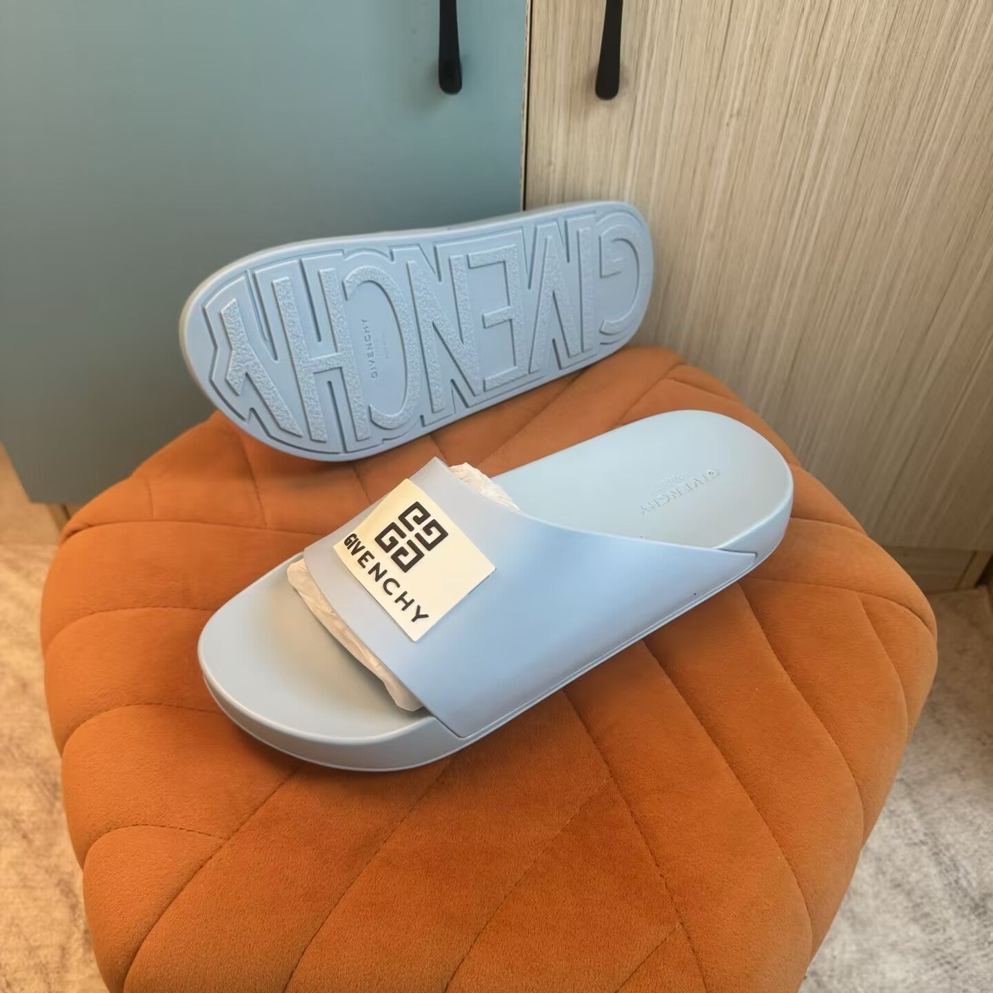 Light Blue Slide-On Slippers with Thick Sole - Left side view