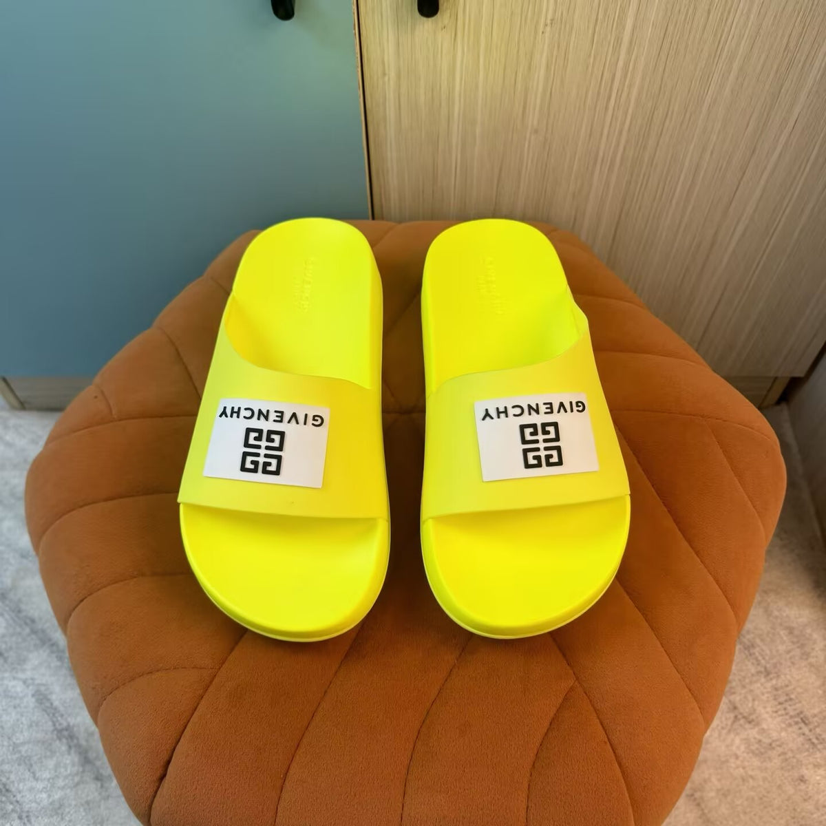 Yellow Open-Toe Slippers with Patterned Strap - On-foot view