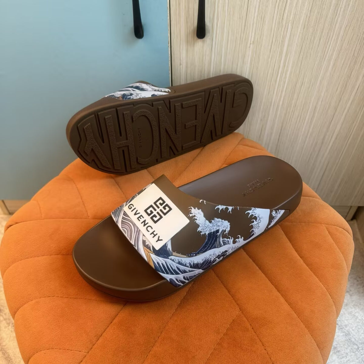 Brown Graphic Print Slide Sandals - Right side view
