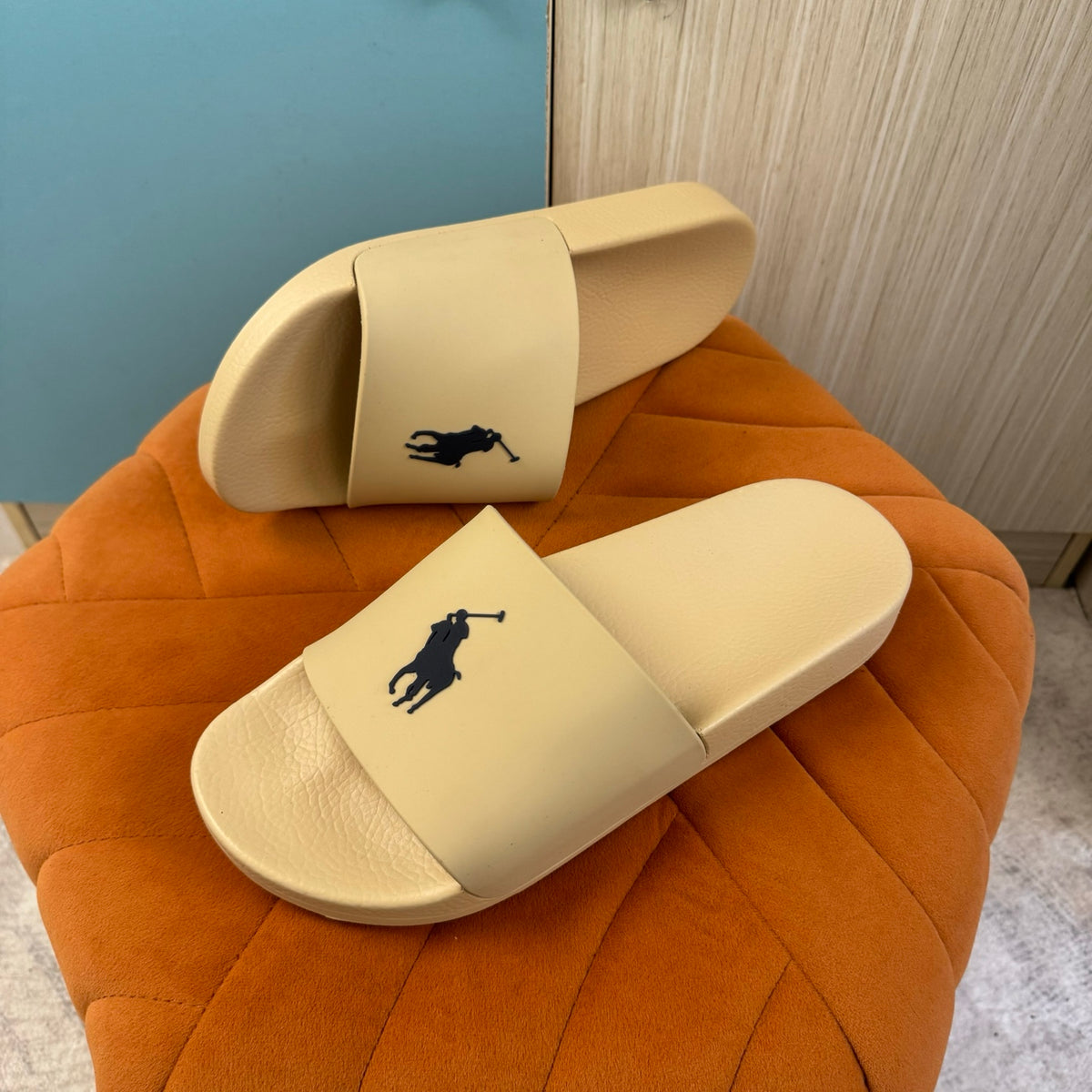 Cream Slide Sandals with Embossed Logo - Back view