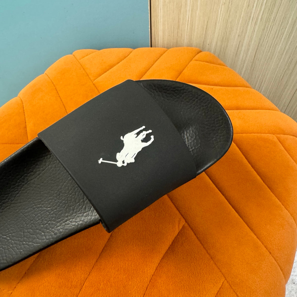 Black Slide Sandals with Textured Strap - Right side view