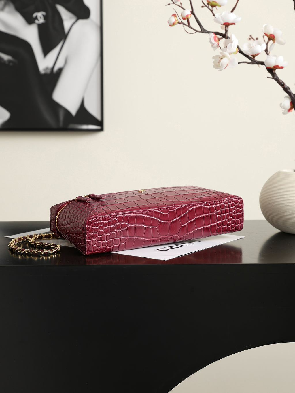 Burgundy Crocodile-Texture Handbag with Chain Strap - Product image 8