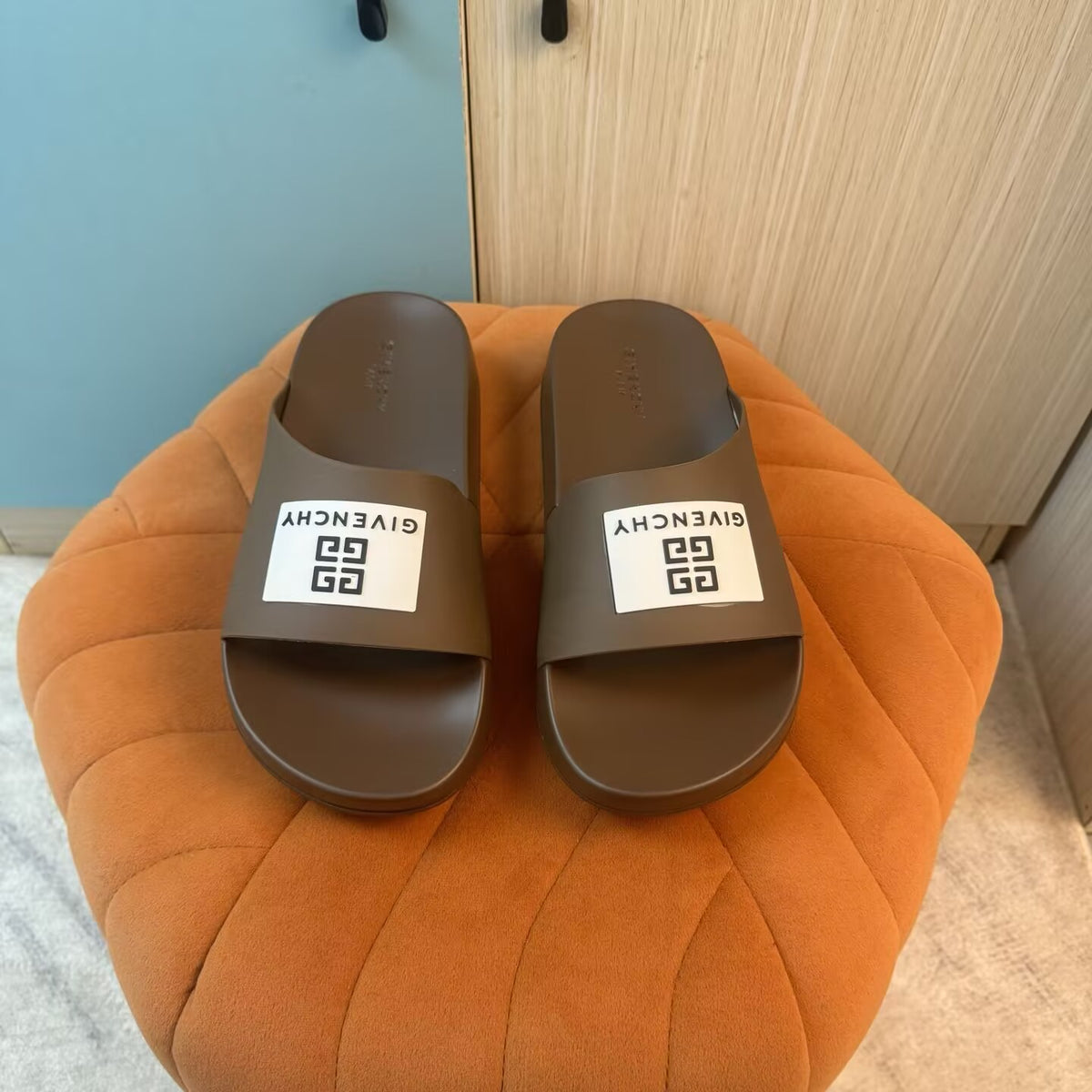 Brown Slide Sandals with Patterned Strap - Main view