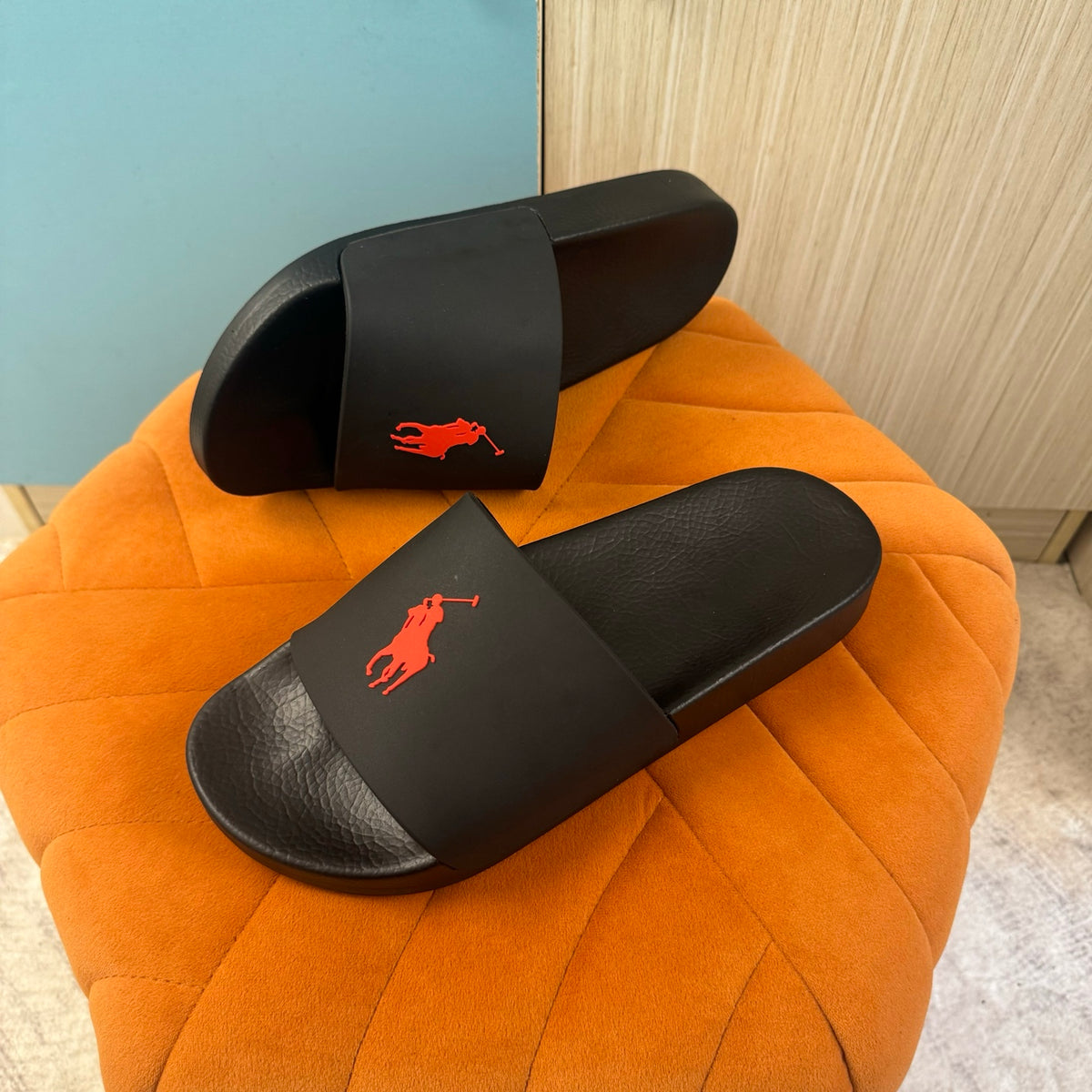 Black Slide Sandals with Orange Accent - Right side view