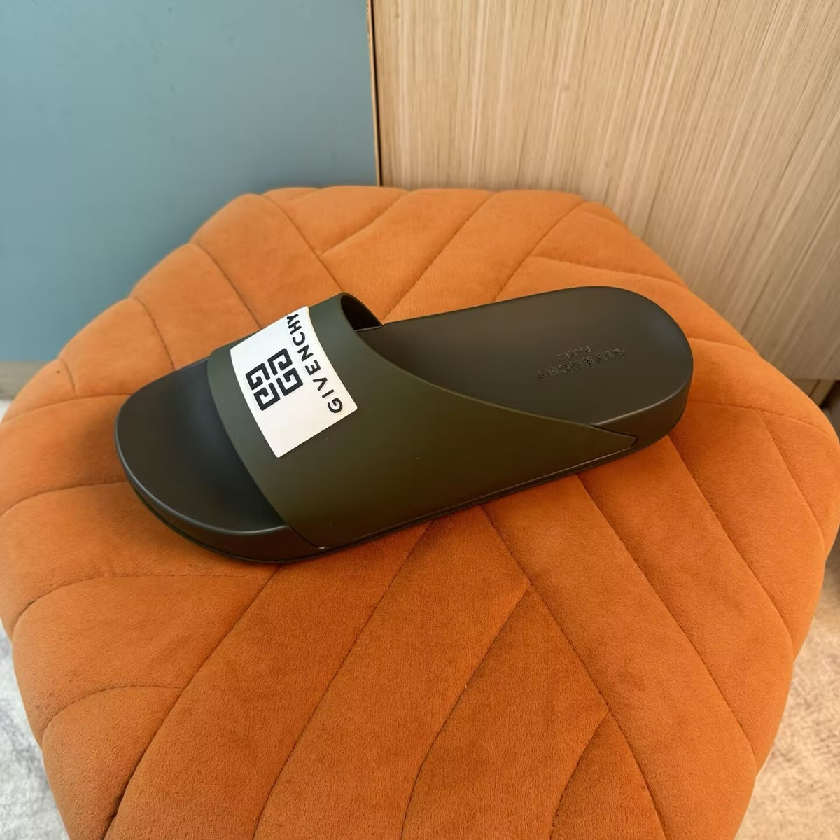 Olive Green Open-Toe Slippers with Strap - On-foot view