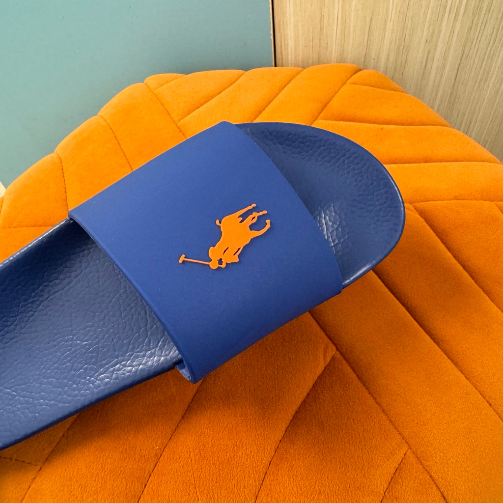Blue Slide Sandals with Orange Accent - Right side view