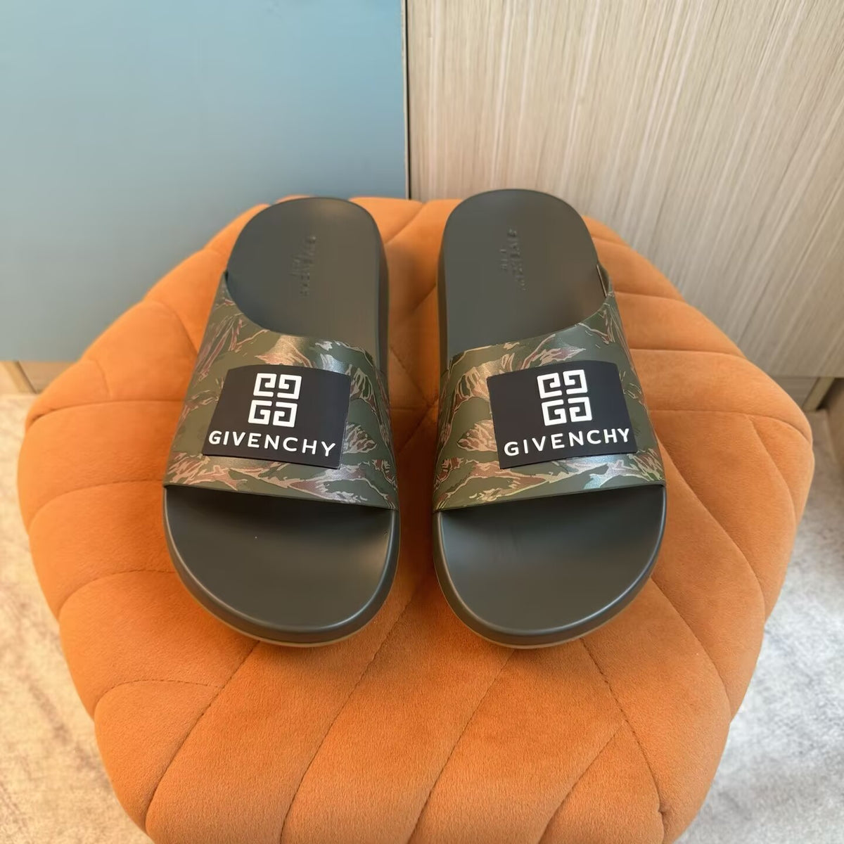 Olive Green Camouflage Slide Sandals with Black Strap - Back view