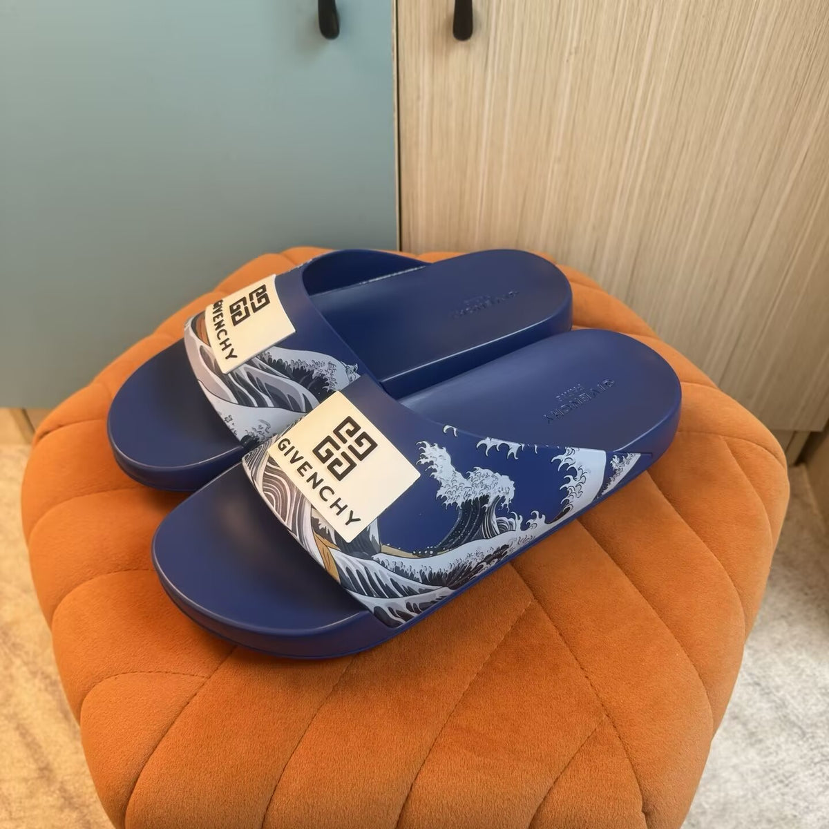 Blue Graphic Print Slide Sandals - On-foot view