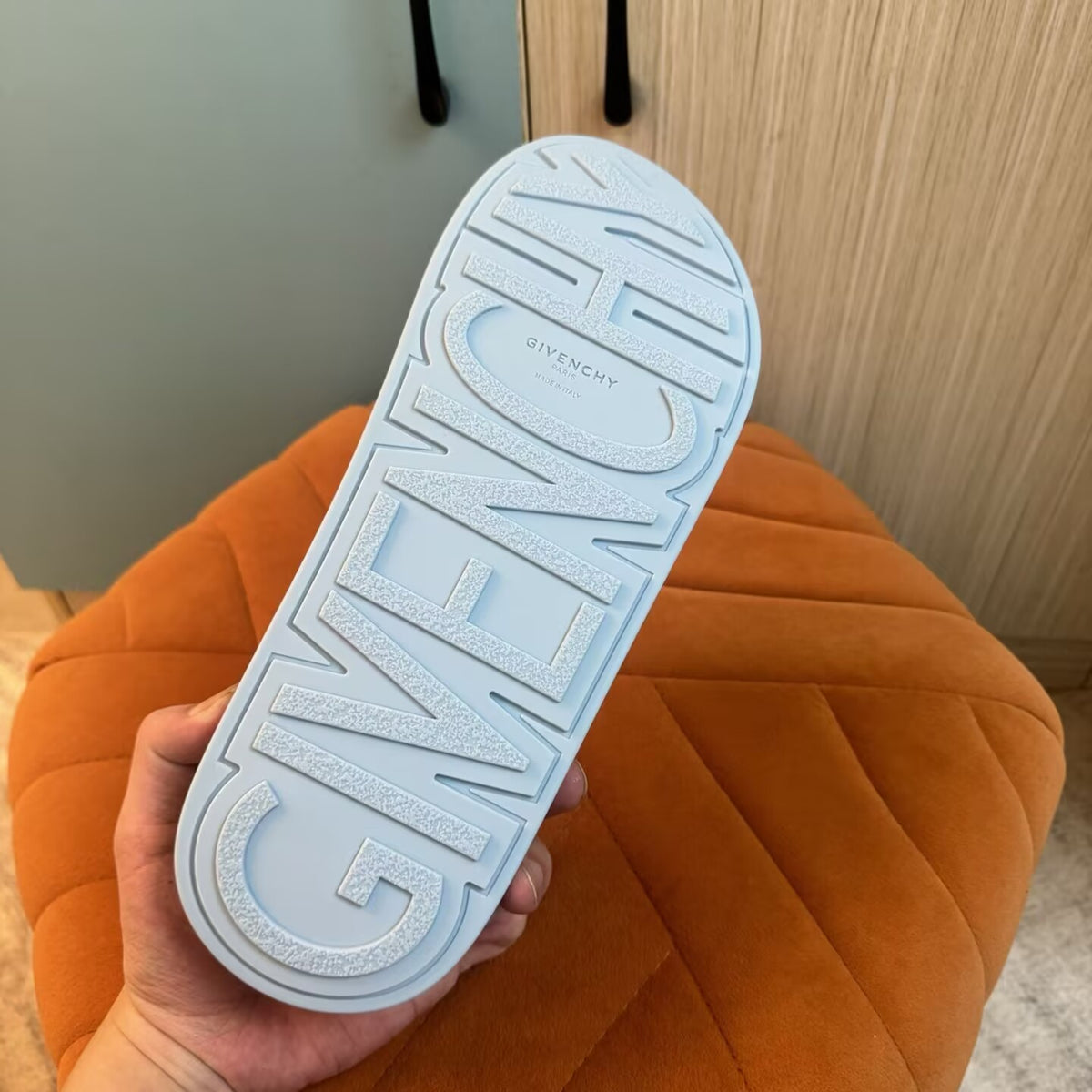 Light Blue Slide Sandals with Orange Accent - Outsole view