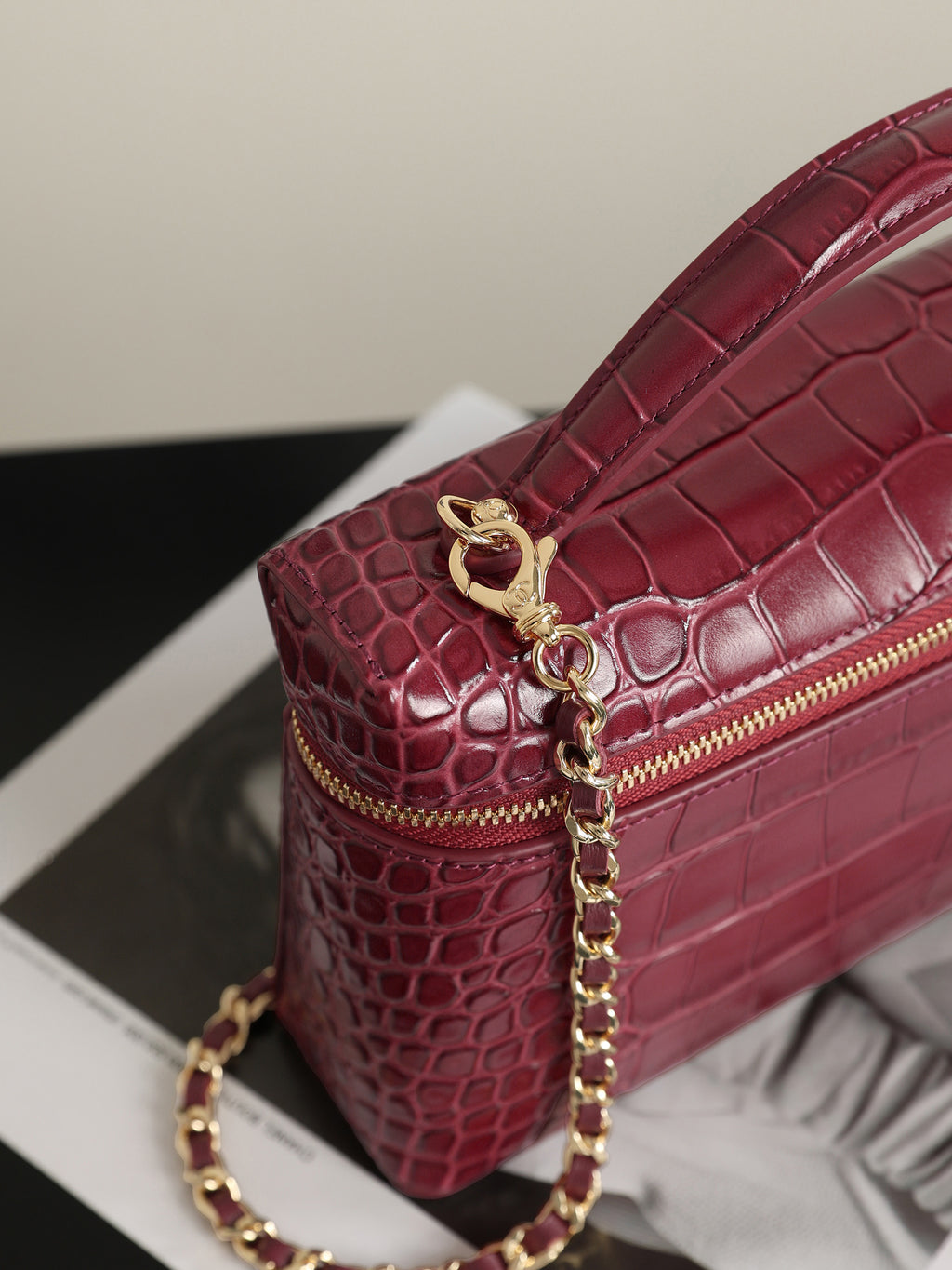 Burgundy Crocodile-Texture Handbag with Chain Strap - Main view