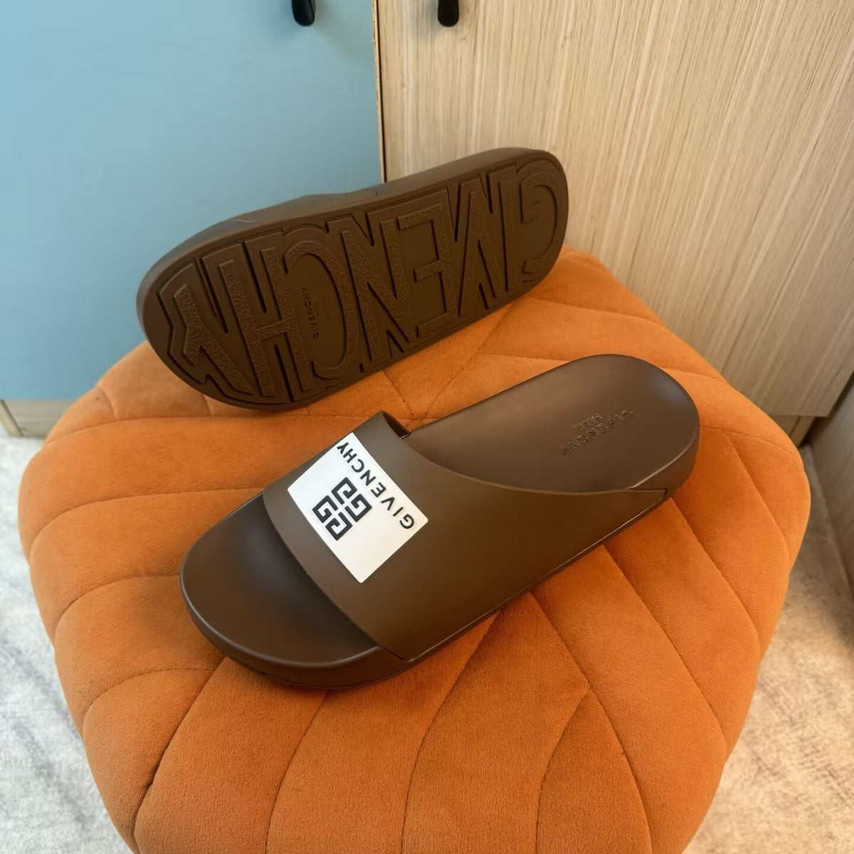 Brown Slide Sandals with Patterned Strap - Right side view