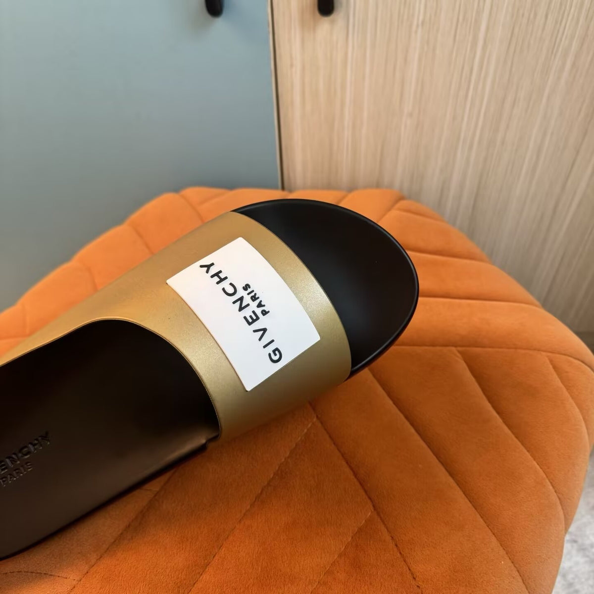 Black Slide Sandals with Gold Accents - Main view