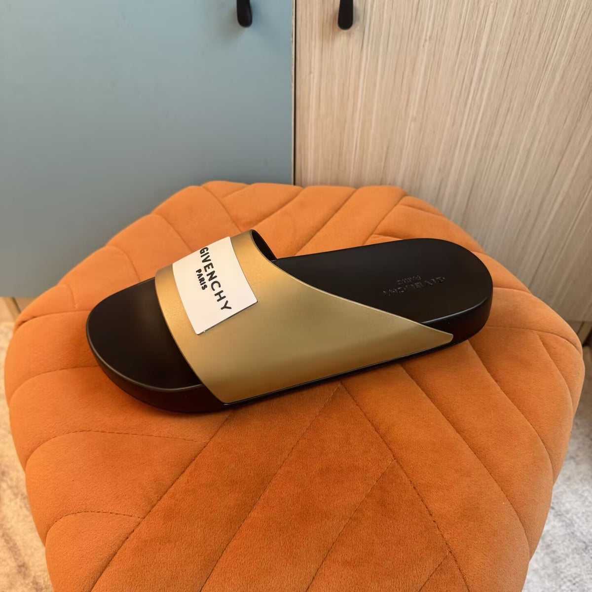 Black Slide Sandals with Gold Accents - Left side view