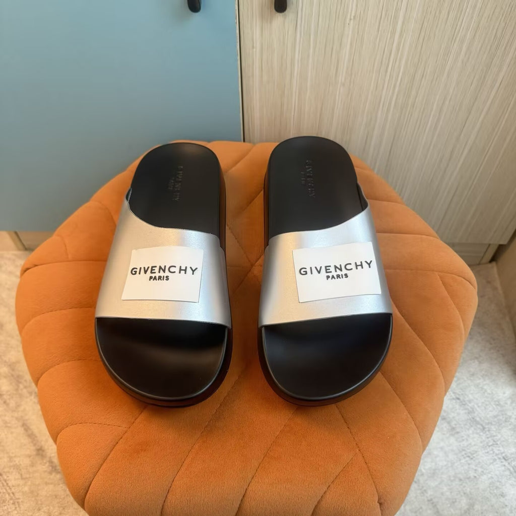 Black Slide Sandals with Silver Strap - On-foot view