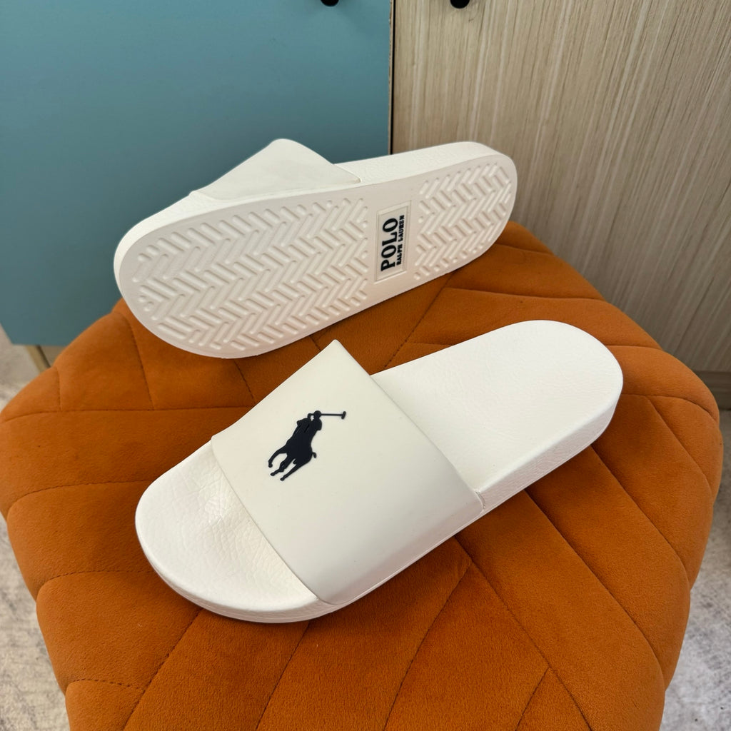 White Slide Sandals with Embossed Logo - Right side view
