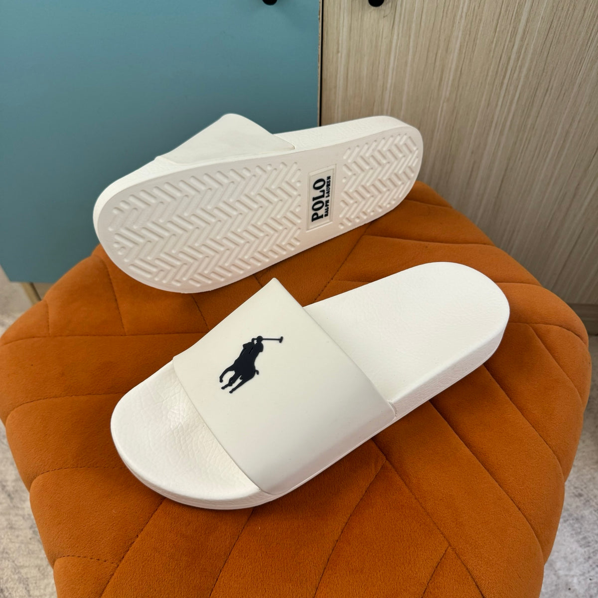 White Slide Sandals with Embossed Logo - Right side view