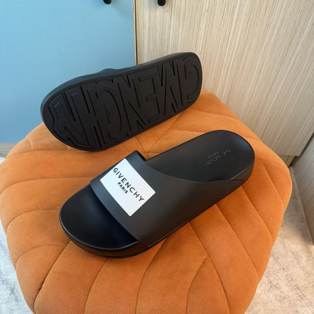 Black Slide Sandals with Embossed Sole - Right side view