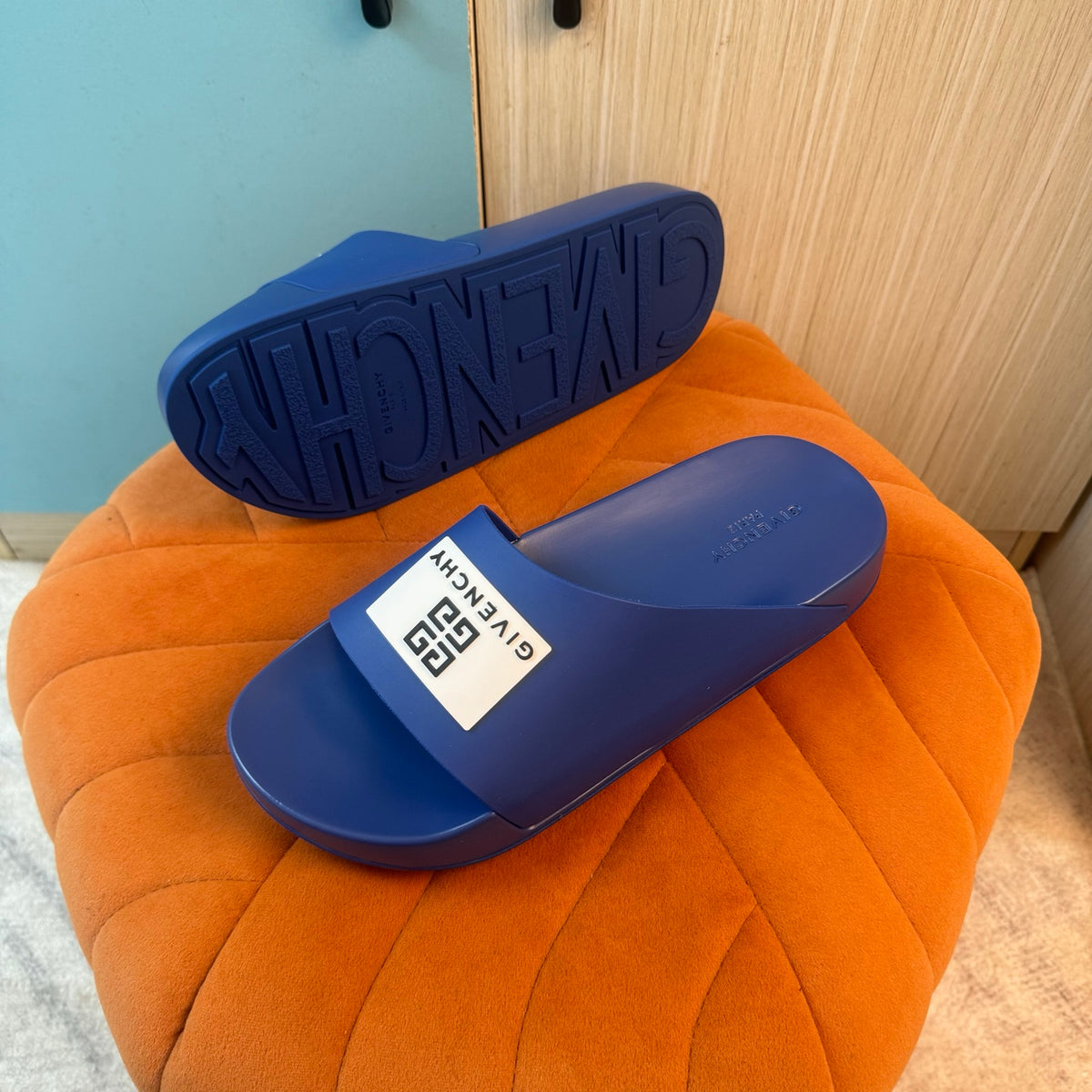 Blue Slide-On Slippers with Patterned Strap - Back view