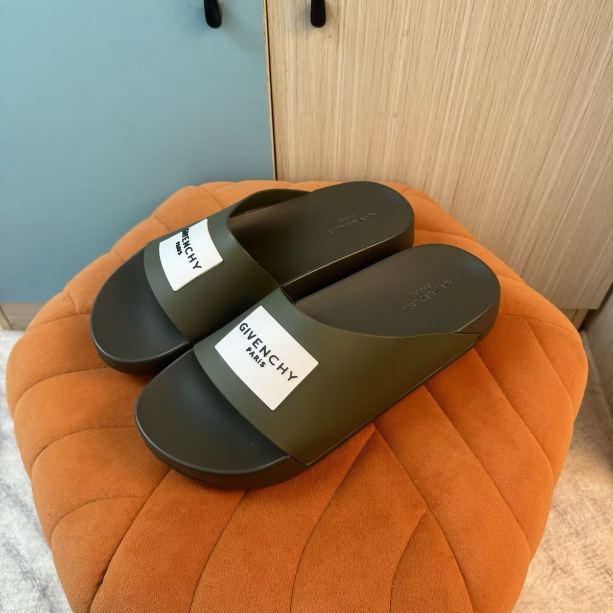 Olive Green Slide Sandals with Embossed Sole - Main view