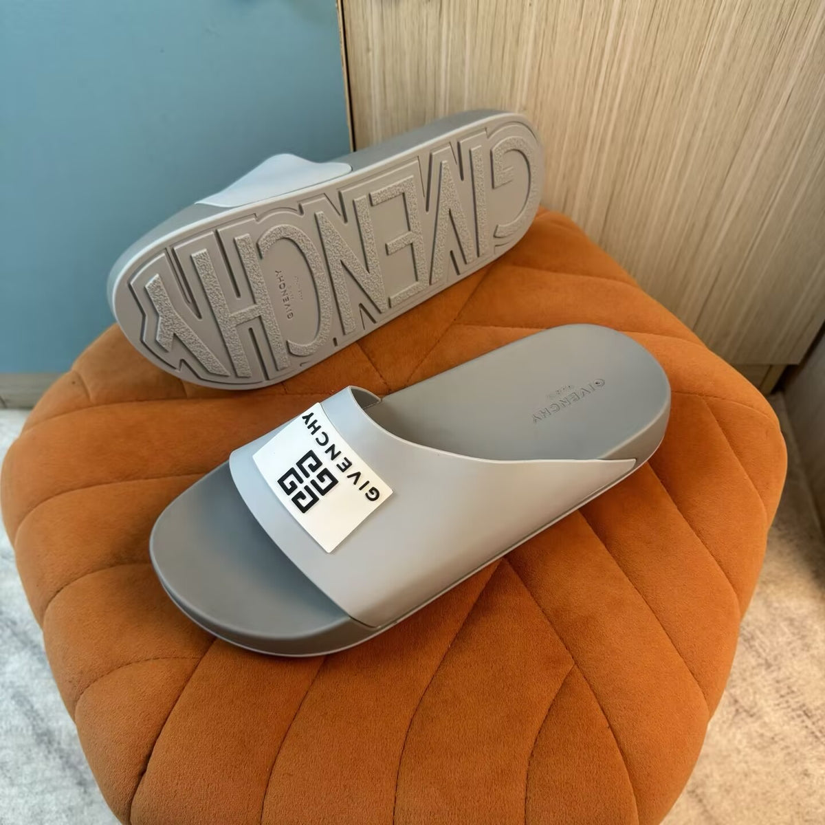 Gray Slide Slippers with Embossed Sole - Right side view