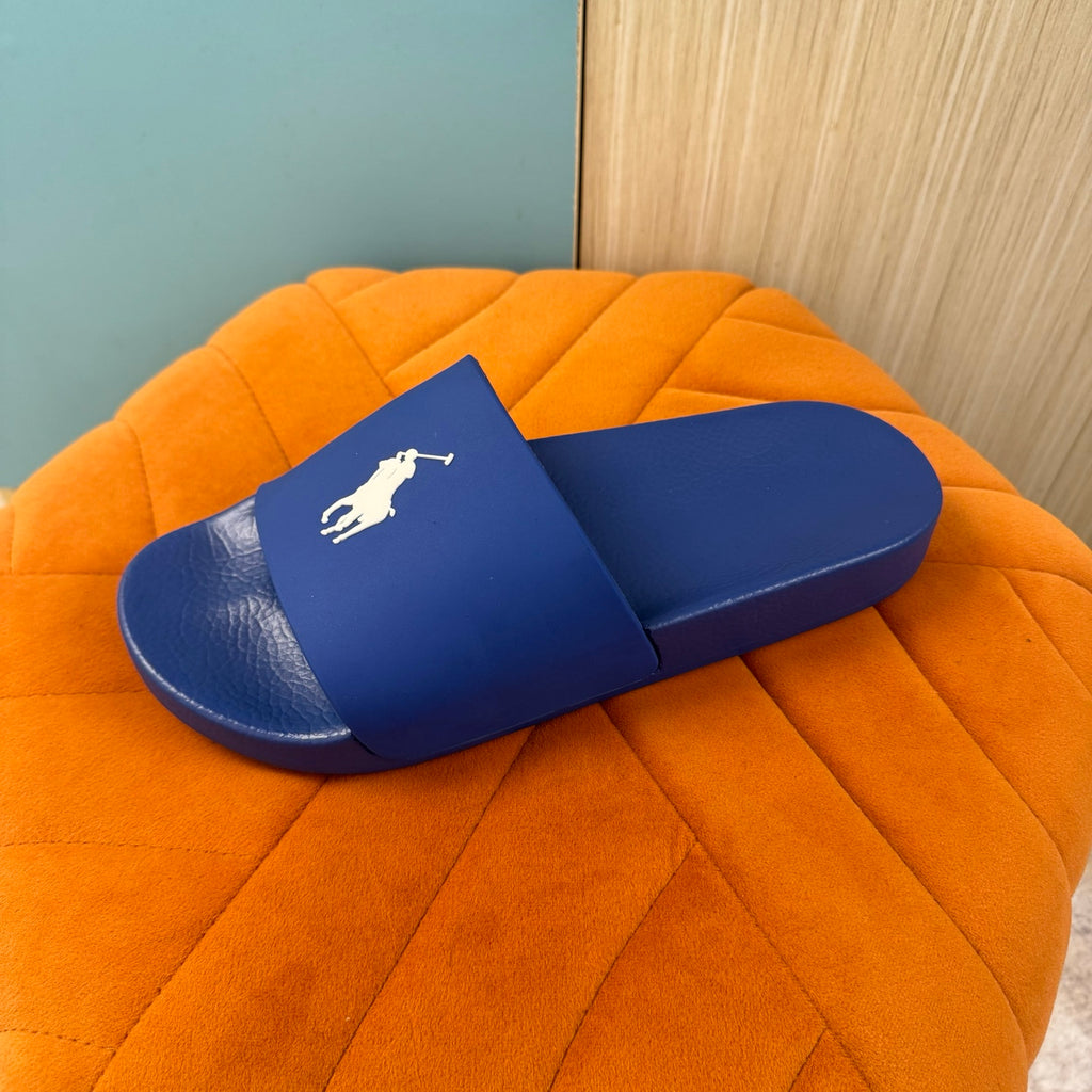 Blue Slide Sandals with Embossed Logo - Main view