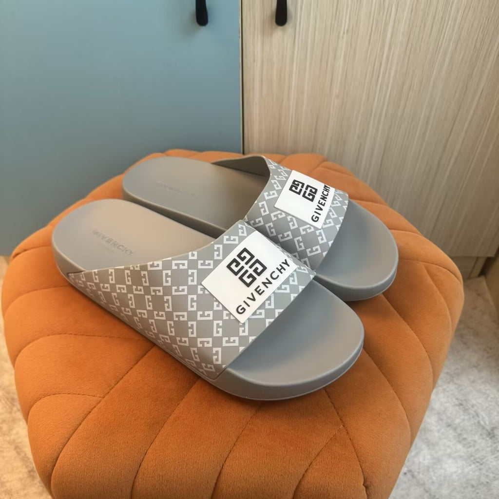 Gray Slide-On Slippers with Patterned Strap - On-foot view