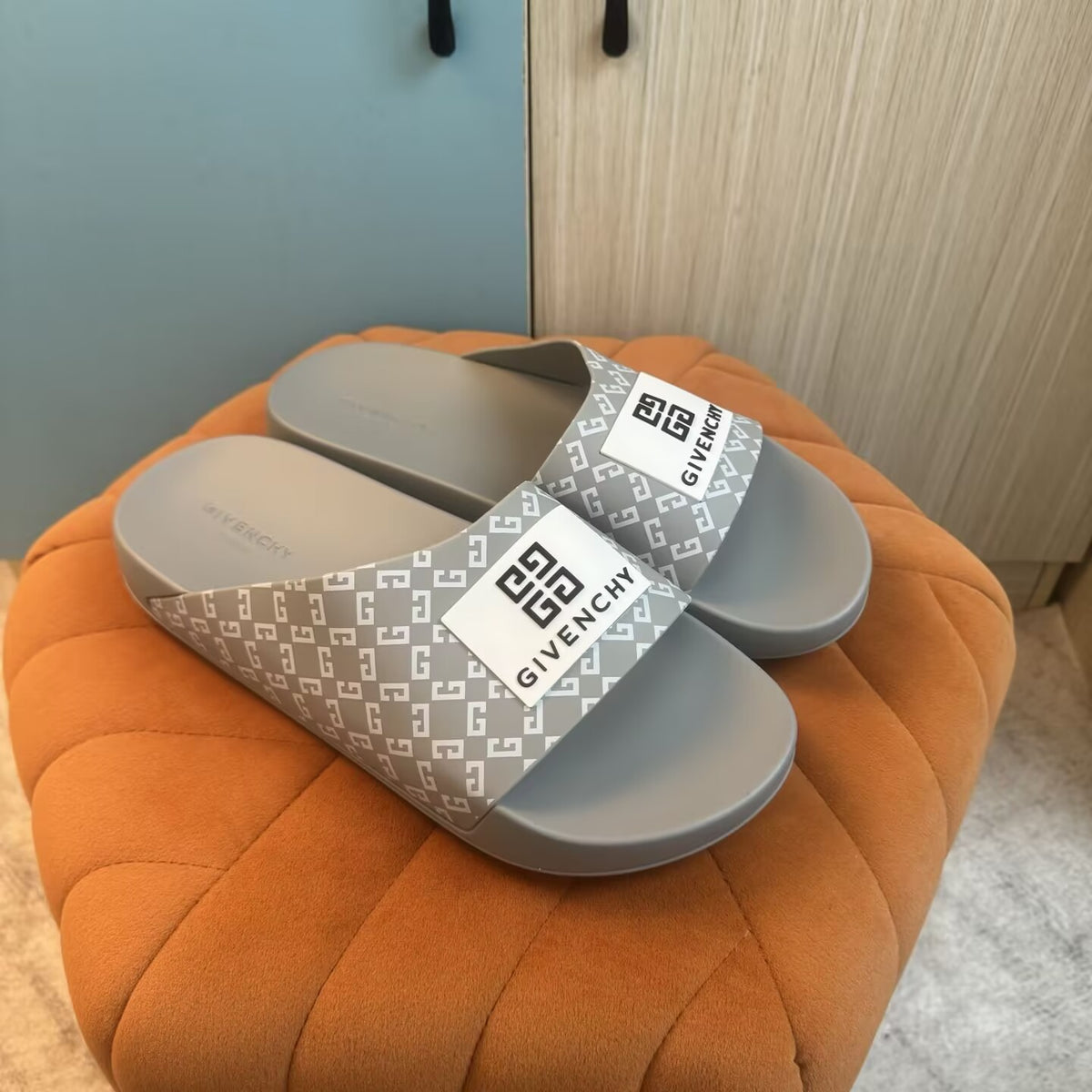 Gray Slide-On Slippers with Patterned Strap - On-foot view