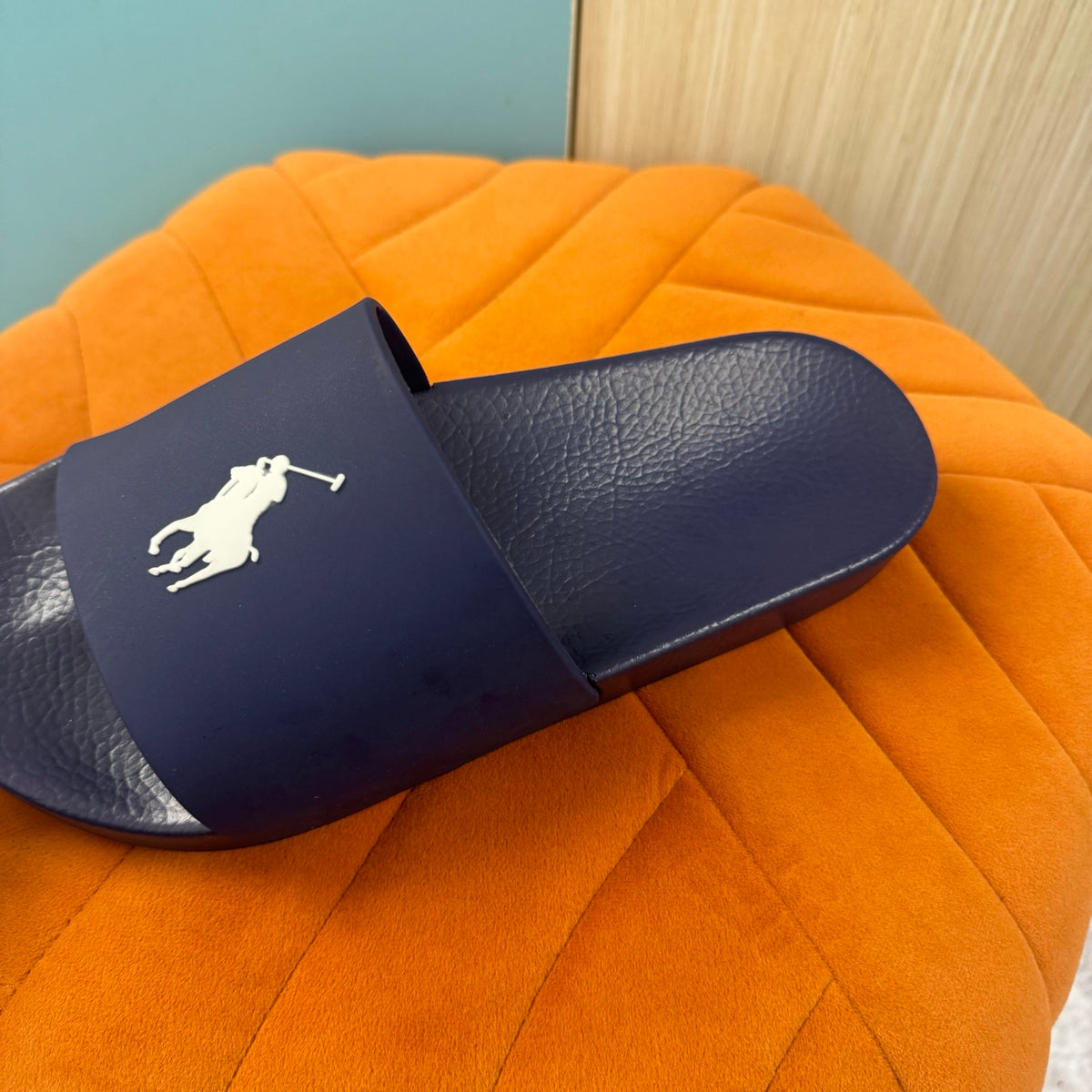 Navy Blue Slide Sandals with Embossed Logo - Outsole view