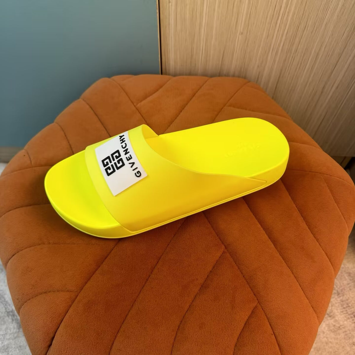 Yellow Open-Toe Slippers with Patterned Strap - Left side view