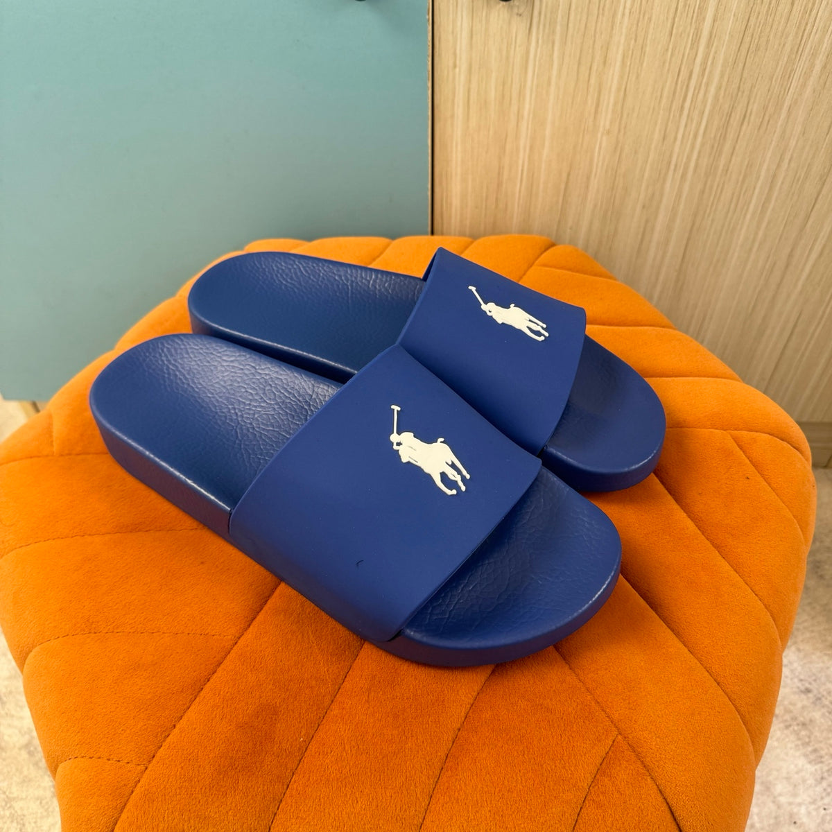 Blue Slide Sandals with Embossed Logo - Back view