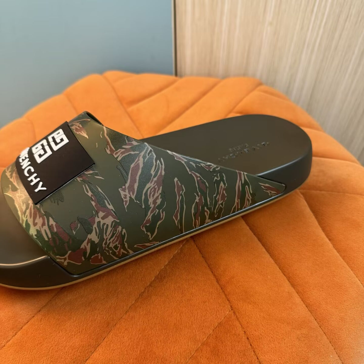 Olive Green Camouflage Slide Sandals with Black Strap - Left side view