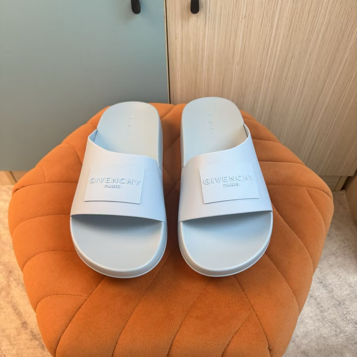 Light Blue Slide Sandals with Orange Accent - On-foot view
