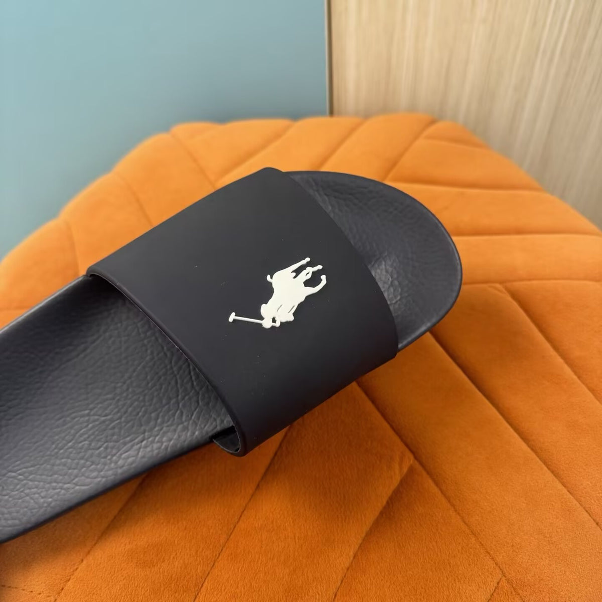 Black Slide Sandals with Embossed Sole - Right side view