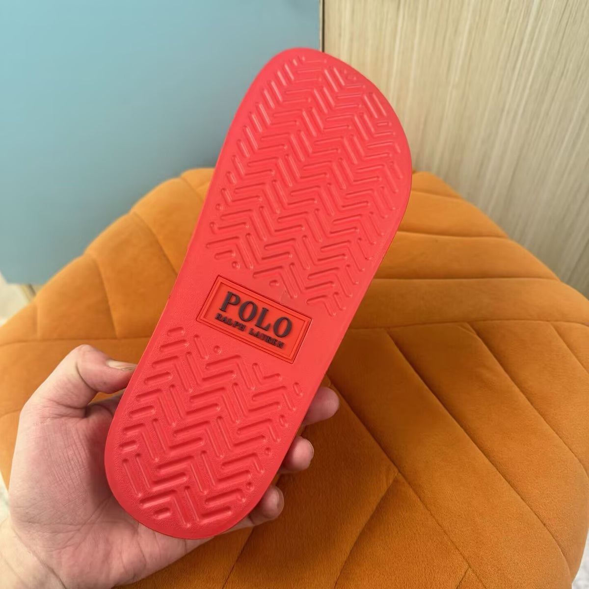 Red Slide Sandals with Embossed Logo - Right side view