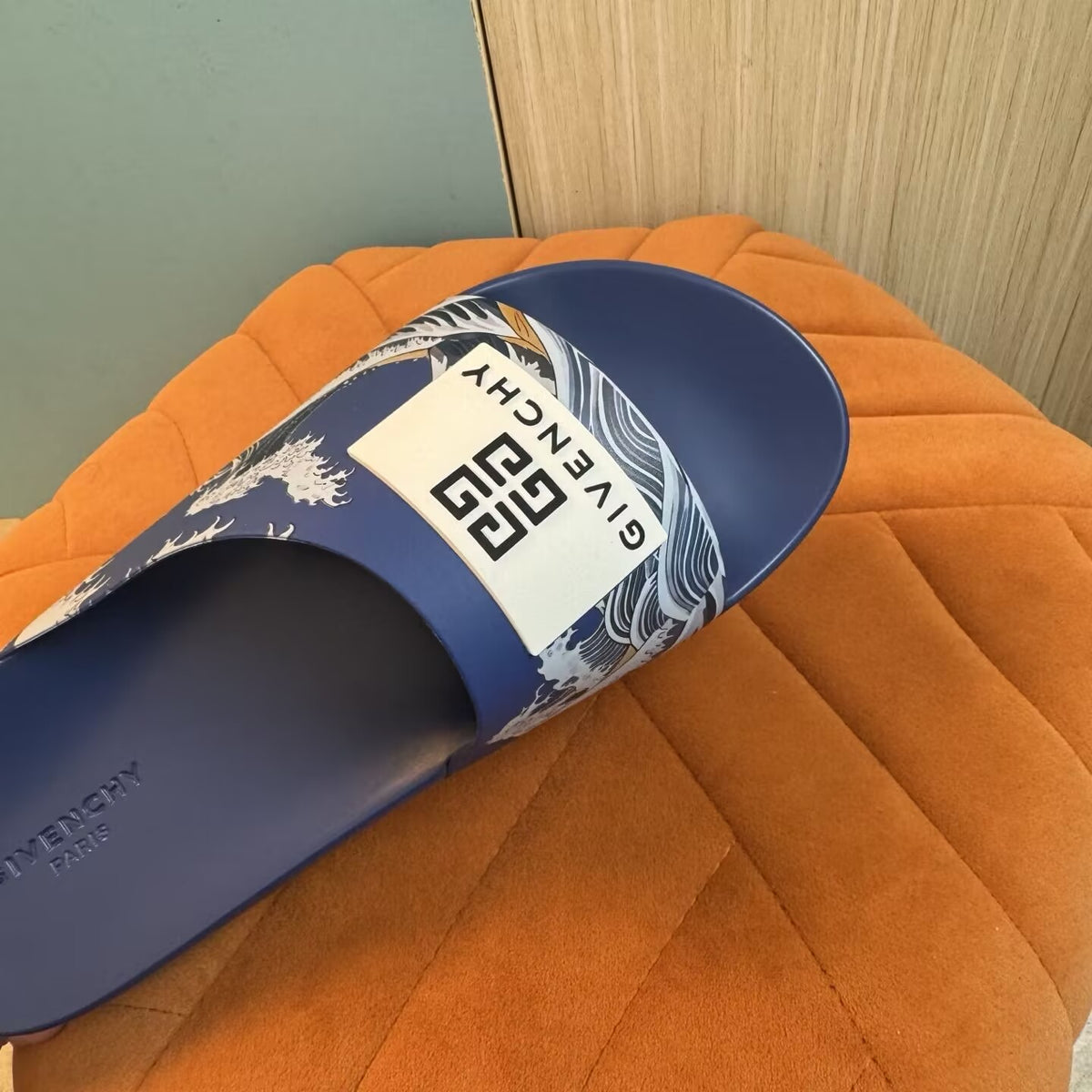 Blue Graphic Print Slide Sandals - Left side view