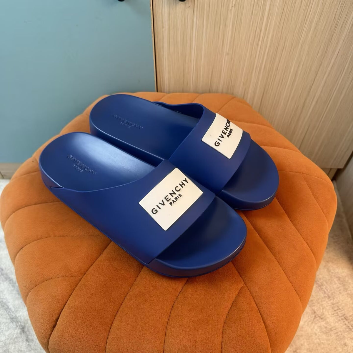 Blue Slide Sandals with Orange Accent - Main view