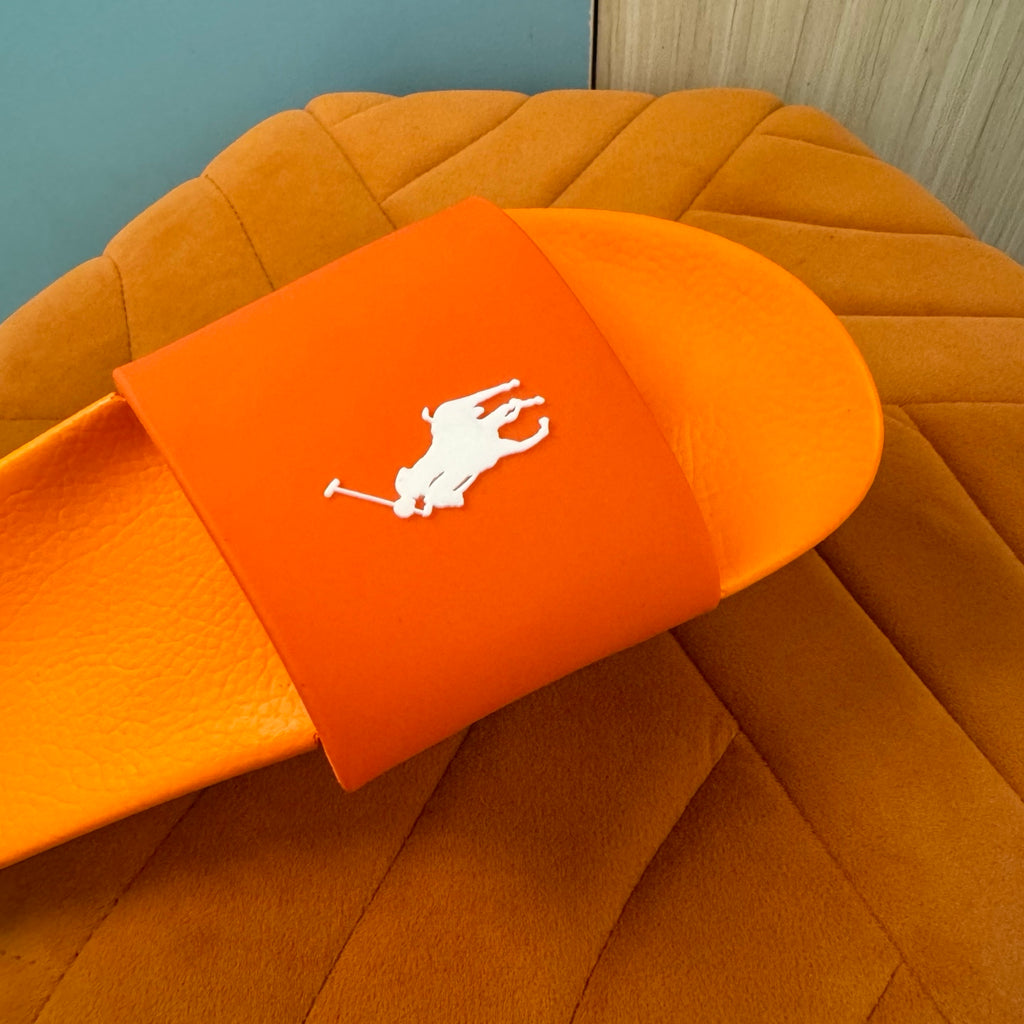 Orange Slide Sandals with White Strap - Back view