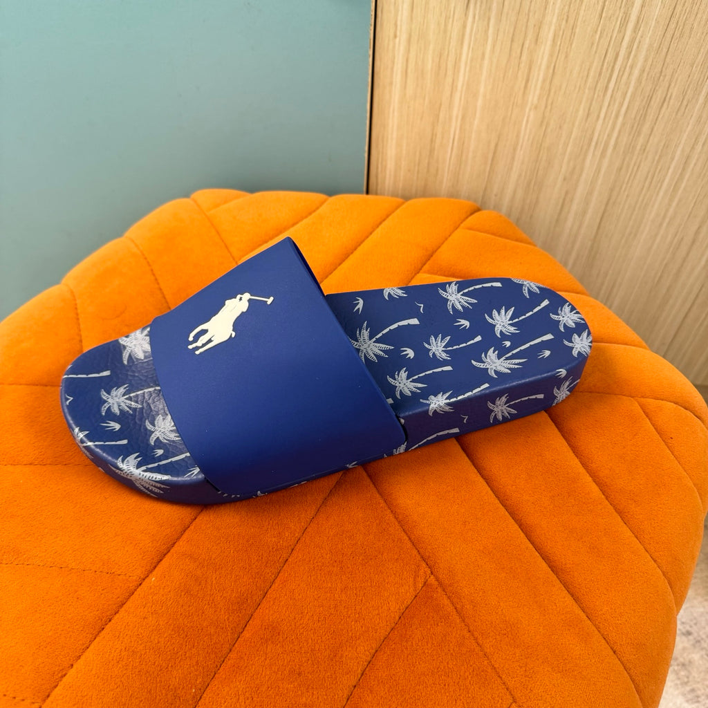 Blue Slide Sandals with Palm Tree Pattern - Back view