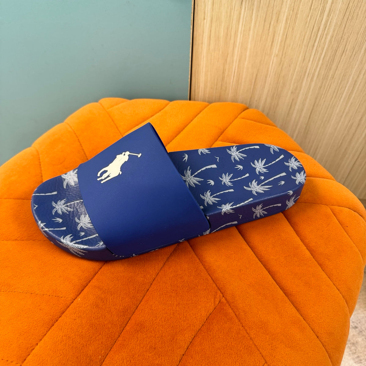 Blue Slide Sandals with Palm Tree Pattern - Back view