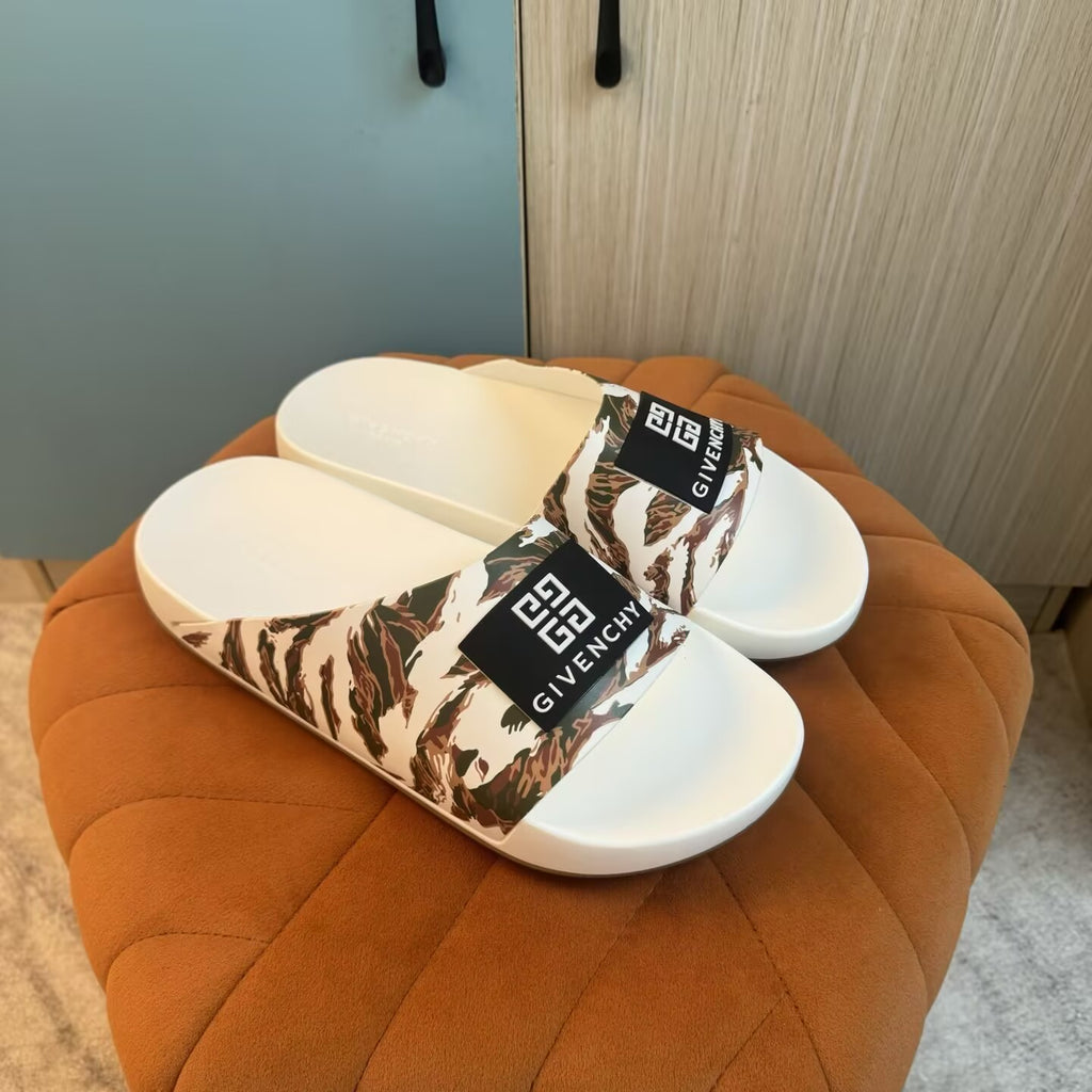 White and Khaki Camouflage Slide Sandals - Outsole view