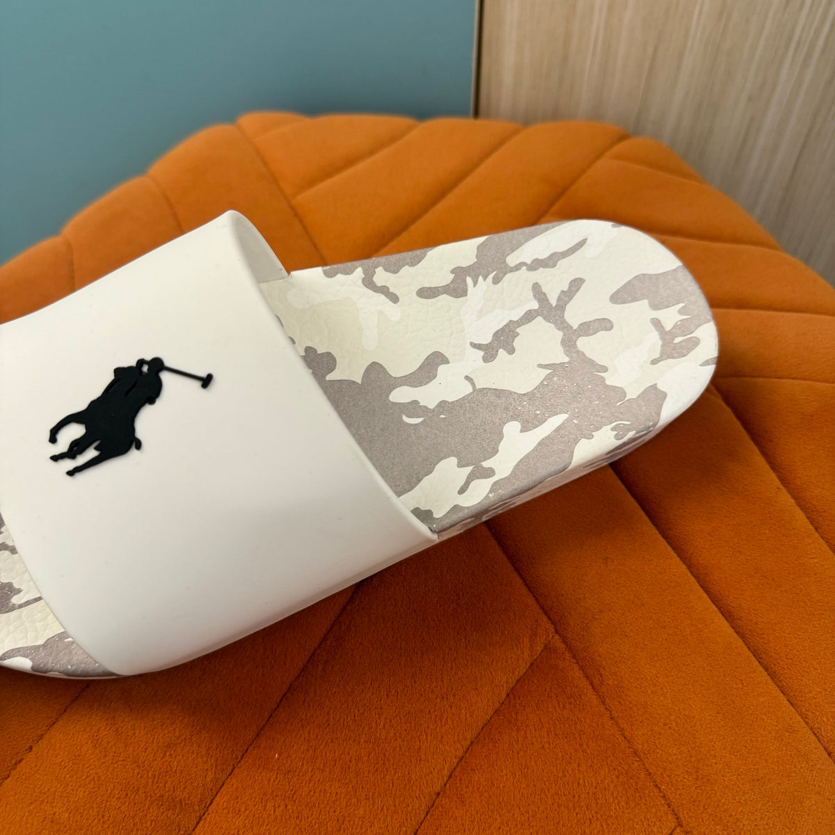 White Camouflage Slide Sandals with Textured Sole - On-foot view