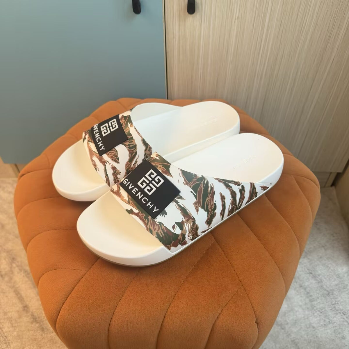 White and Khaki Camouflage Slide Sandals - Main view