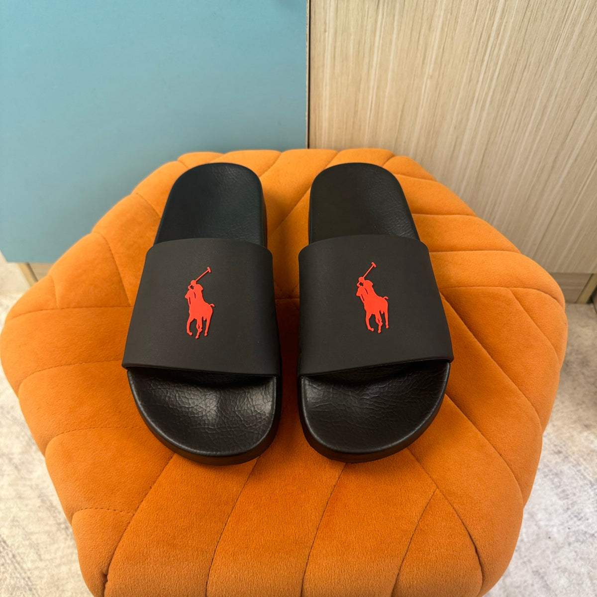 Black Slide Sandals with Orange Accent - Outsole view