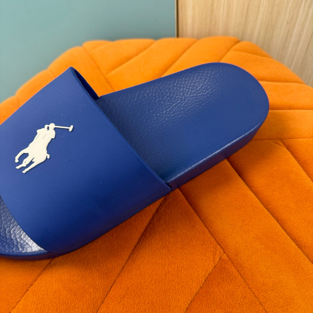 Blue Slide Sandals with Embossed Logo - Right side view