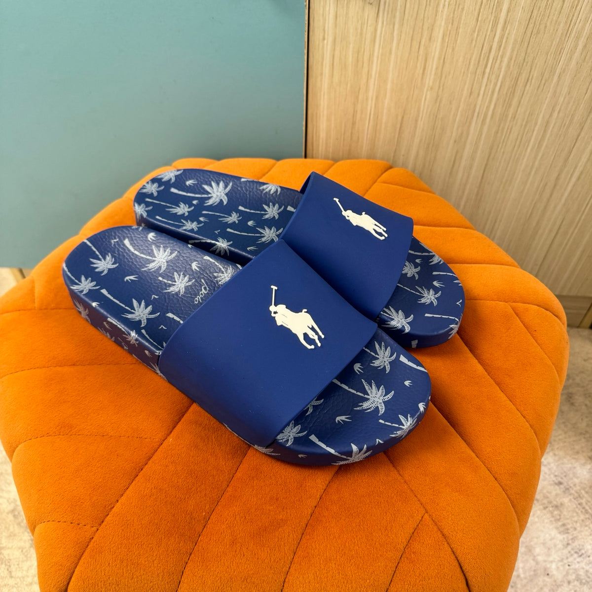 Blue Slide Sandals with Palm Tree Pattern - Outsole view